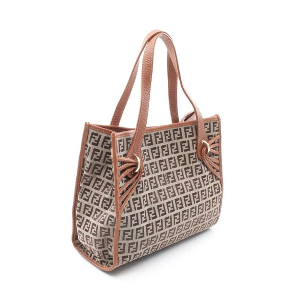 Fendi Tote Bag Leather Canvas Zucchino Brown Beige Cream Tan Cream